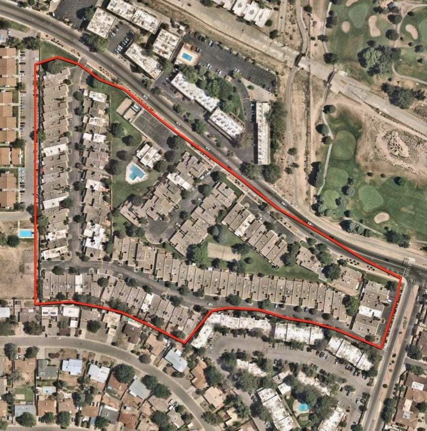 Aerial map of a New Mexico HOA community Paramount Roofing serves, with the community’s property boundary outlined
